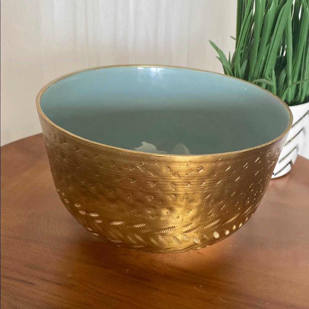 Artemano Embossed Textured Brass Gold and Sky Blue Enamelled Bowl
